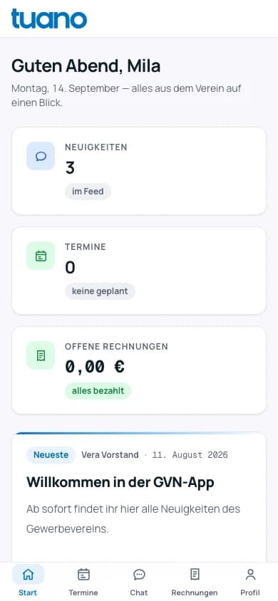 Mobile Tuano-Mitgliederansicht mit News, Terminen, Rechnungen und unterer Navigation